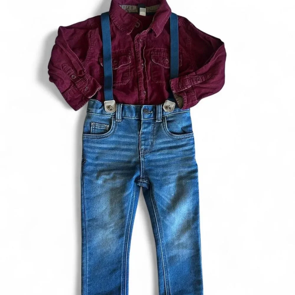 Gap boys 2T Carter's Blue jean overalls & Burgundy‎ baby gap shirt EUC